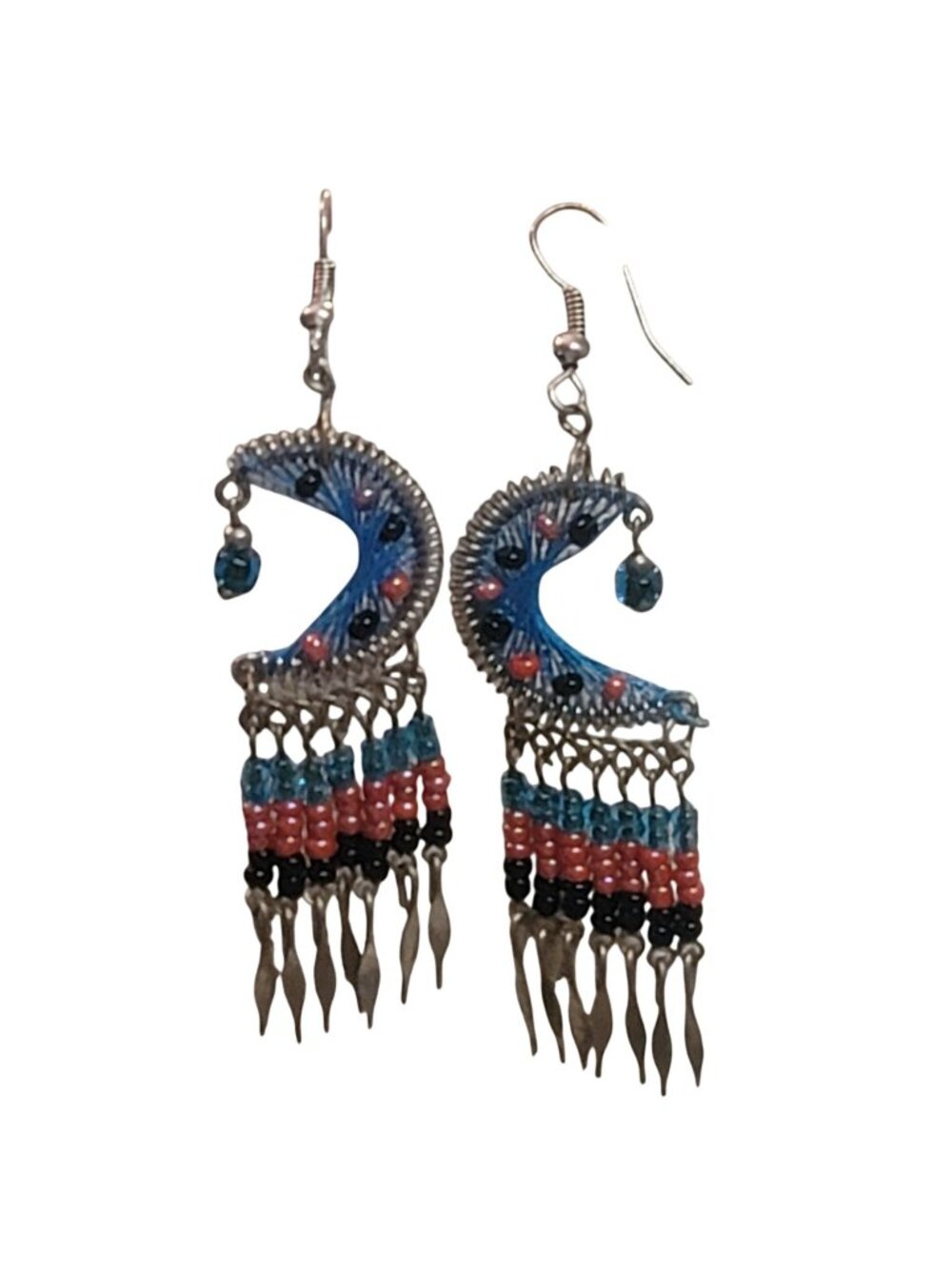 Vintage Crescent Moon Beaded Dangle Earrings With Blue & Pink Accents String Art